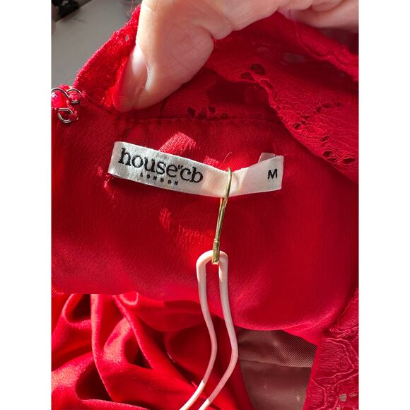 NWT House of CB Jennica Red Lace Sleeve Bustier Satin Mini Dress M - Picture 9 of 15